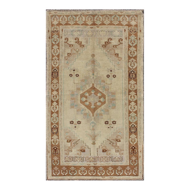 Vintage Turkish Oushak Rug With Soft Beige, Muted Blue, and Warm Brown For Sale
