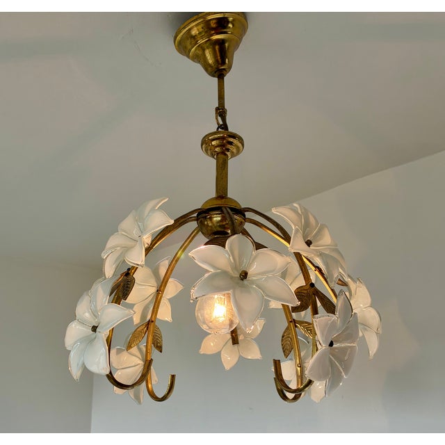 Glass Pair Match Vintage Murano Style Glass Daisy Chandelier With Handcrafted White Floral Details For Sale - Image 7 of 13