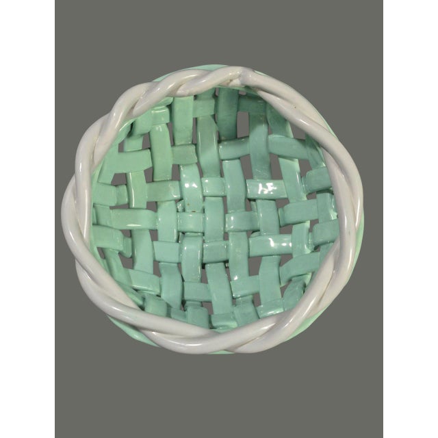 Contemporary Late 20th Century Italian Majolica Glazed Ceramic Open Weave Teal & White Decorative Basket For Sale - Image 3 of 6