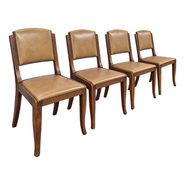 Chairs in Oak and Studded Imitation Leather, 1940s, Set of 4 For Sale