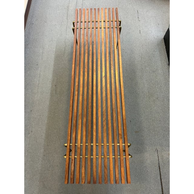 Hugh Acton 1960s Mid Century Brass + Walnut Slat Bench by Hugh Acton For Sale - Image 4 of 11