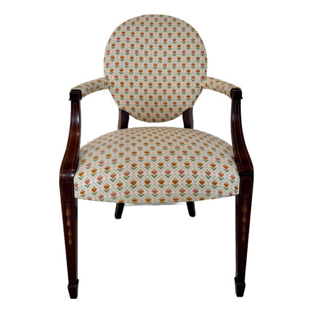 Vintage Inlaid Wood Round Back Accent Chair For Sale