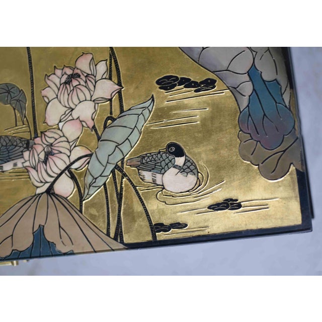 Mid Century Chinoiserie Gold Lotus & Birdlife Motif Coffee Table For Sale In Chicago - Image 6 of 15