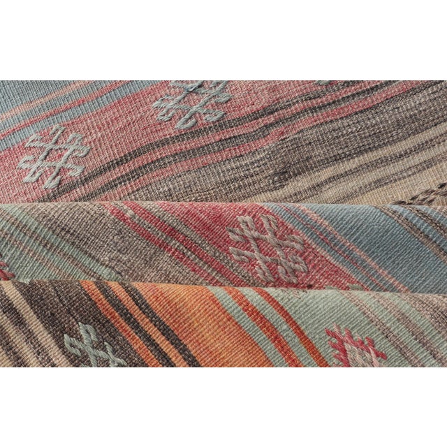 Vintage Turkish Kilim Runner With Pastel Coral, Sage and Blue Stripes For Sale - Image 9 of 10