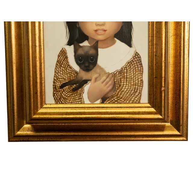Authentic Oil Painting on Panel "Big Eyes" Beautiful Young Girl With Siamese Cat by Margaret Keane, 1980 For Sale - Image 10 of 14