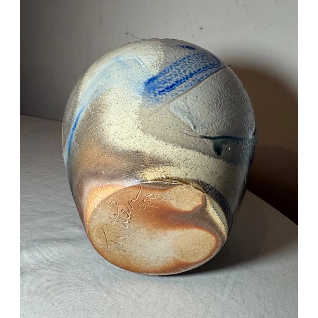 Original 1998 M Whitten Stoneware Be Still Cobalt Wash Sculptural Pottery Vase For Sale - Image 11 of 12