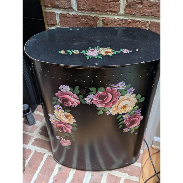 Fabulous Hand Painted Toleware storage piece. Kidney shaped with lid. Black background featuring exquisite hand painted...