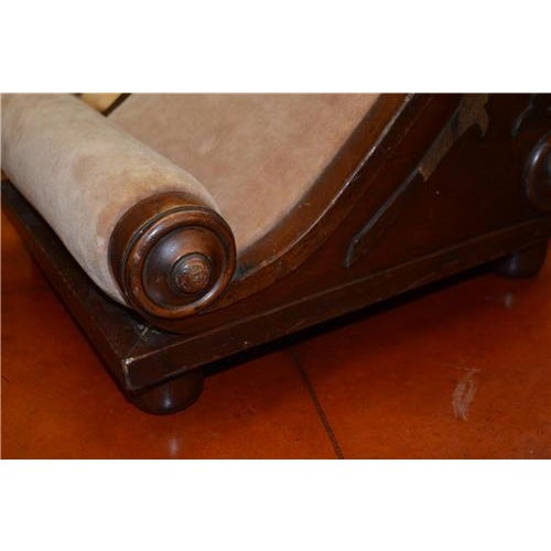Wood Antique Victorian Dark Wood & Tan Velvet Shapely Scrolled Gout Footstool For Sale - Image 7 of 11
