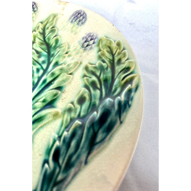 Antique Late 1800s Luneville Barbotine Majolica Asparagus and Artichoke Plate For Sale In Dallas - Image 6 of 13