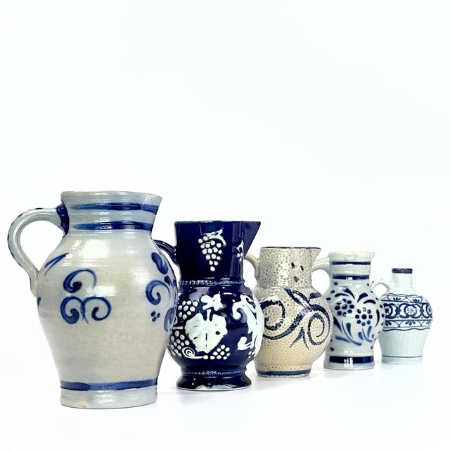 Farmhouse Vintage Blue & White Ceramic Pitcher Curation - Group of 5 For Sale - Image 3 of 18