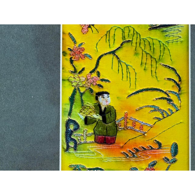 Vintage Yellow Scenery Embroidered Rectangular Framed Wall Art C For Sale - Image 11 of 13