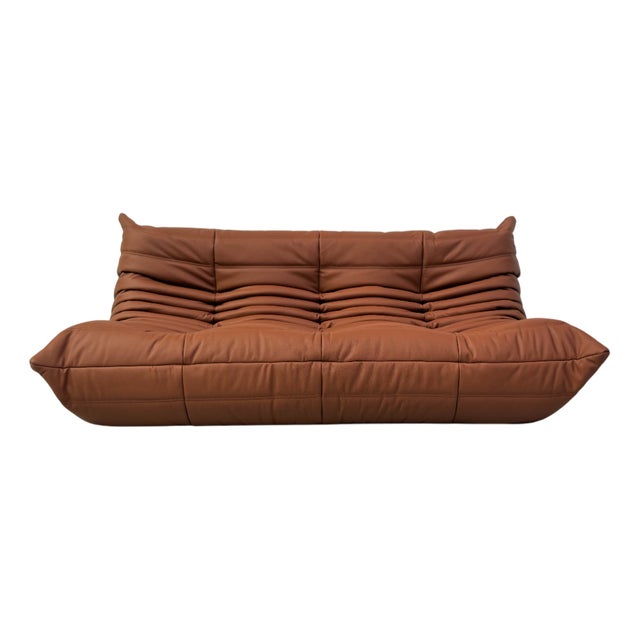 French Togo Sofa in Thick Cognac Cow Leather by Michel Ducaroy for Ligne Roset For Sale
