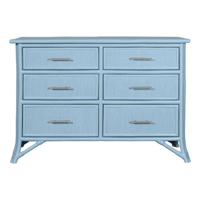 Pencil Rattan Six-Drawer Dresser, Pool Blue For Sale