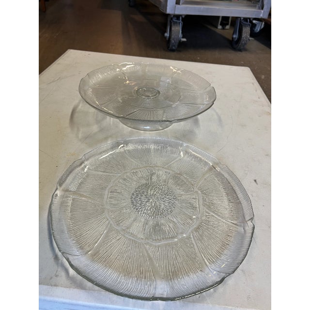 Vintage Fleur by Arcoroc Dessert Set. Round Glass platter /torte plate and matching cake stand. Both are 13” in diameter...