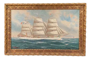 John Henry Mohrmann, Navy with Sailing Ship and Italian Flag, 1908, Oil on Canvas, Framed