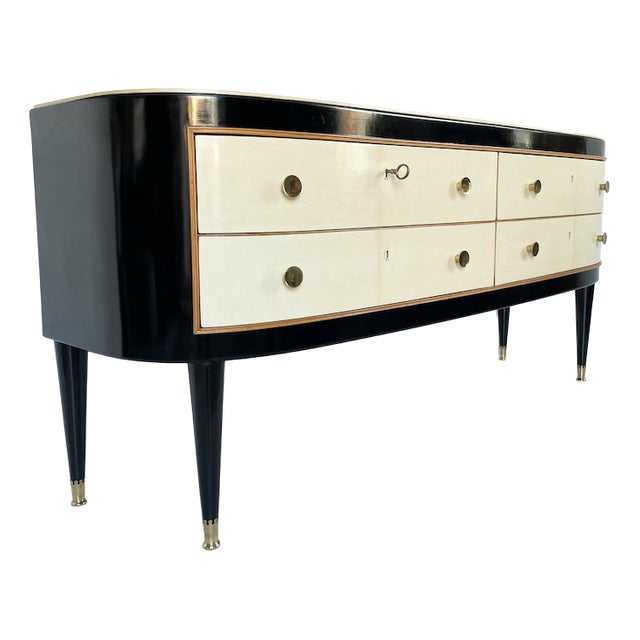 Mid-Century Chest of Drawers in Lacquered Wood and Parchment, 1950 For Sale