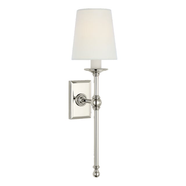 Chapman & Myers for Visual Comfort Signature Classic 19" Tail Sconce in Polished Nickel with Linen Shades For Sale