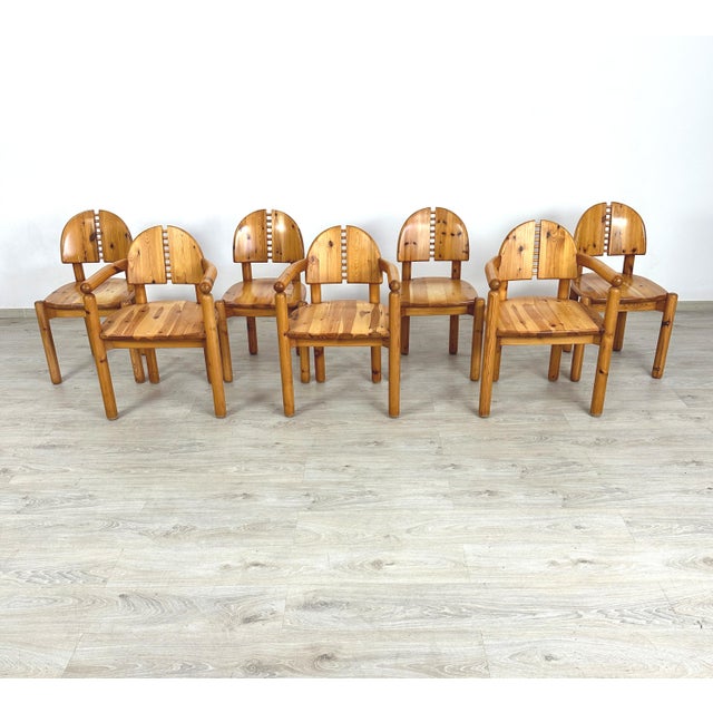 Dimensions: H 32” x W 17” x SD 16.3” x SH 18” Armchairs - H 32” x W 21.7” x SD 17” x SH 18” Set of 7 Vintage Danish pine...