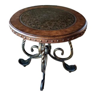 Nailhead Trim Leather Wrapped Side Table With Scrolling Metal Base For Sale