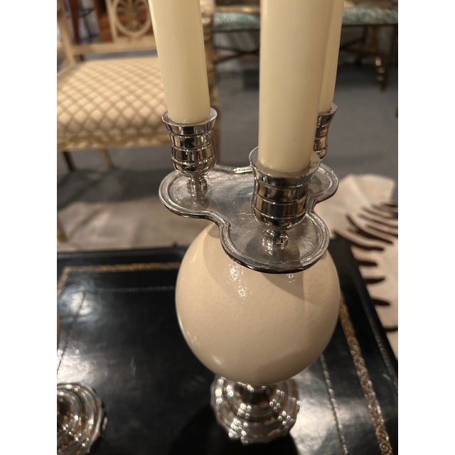 Elegant luxe pair of ostrich egg and silver plate candlesticks in the manner of Anthony Redmile.