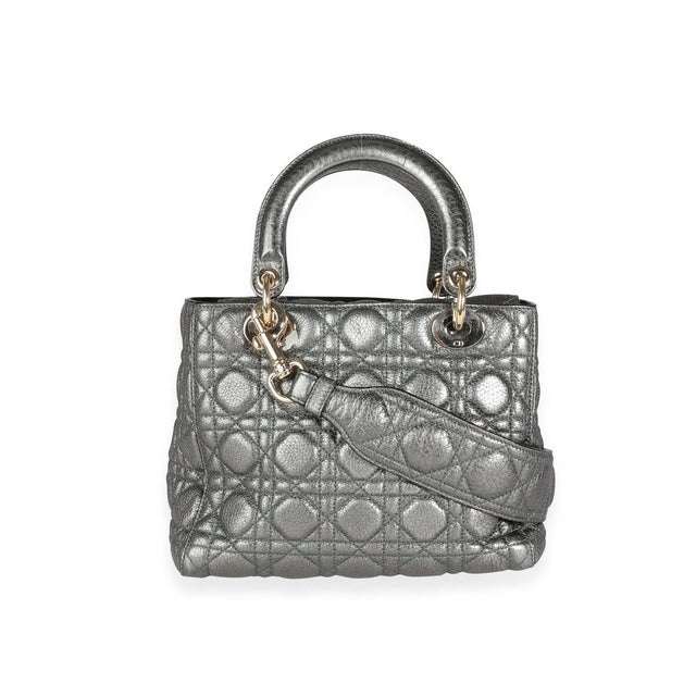 Traditional Metallic Silver Supple Cannage Leather Medium Lady Dior Tote For Sale - Image 3 of 4