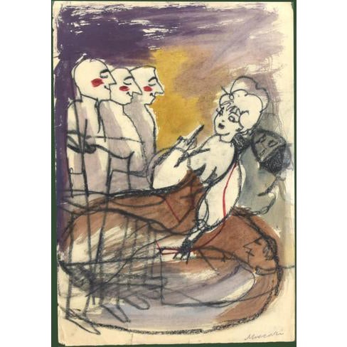 Mino Maccari, Pretenders, 1960s, Original Watercolor and Pastel Drawing For Sale