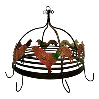 Late 20th Century Pan Holder Metal Pot Rack Rooster Design Vintage Country Farmhouse Kitchen Decor For Sale