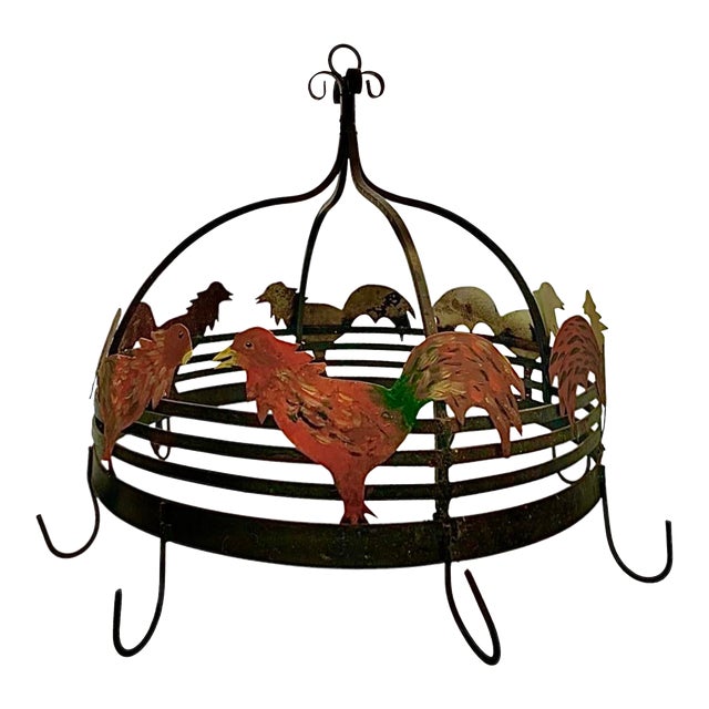 Late 20th Century Pan Holder Metal Pot Rack Rooster Design Vintage Country Farmhouse Kitchen Decor For Sale