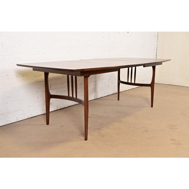 Broyhill Brasilia Broyhill Brasilia Style Mid-Century Modern Boat Shaped Walnut Extension Dining Table, Newly Refinished For Sale - Image 4 of 13