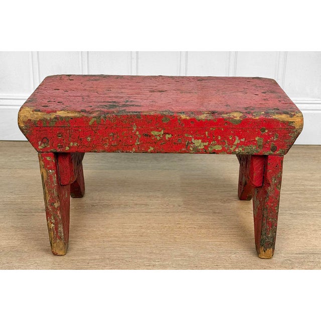 Farmhouse Antique Primitive Farmhouse Red Wood Milking Foot Stool For Sale - Image 3 of 9