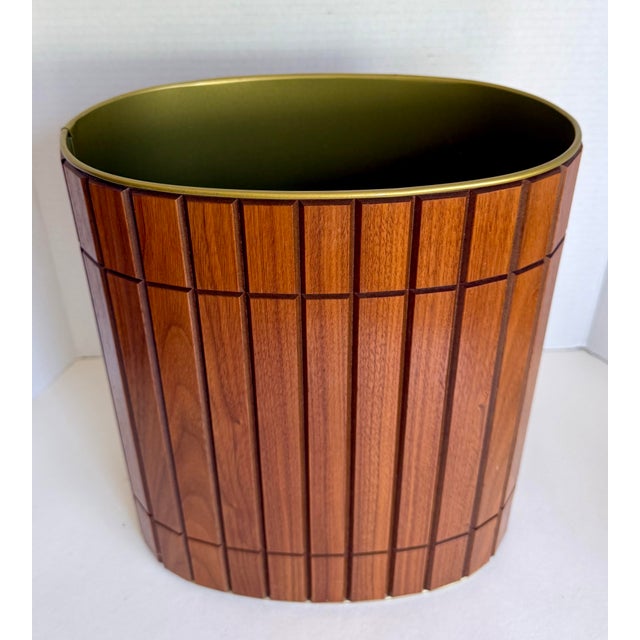 1960s Ransburg Wood Slat & Gold Metal Oval Wastebasket For Sale - Image 9 of 11