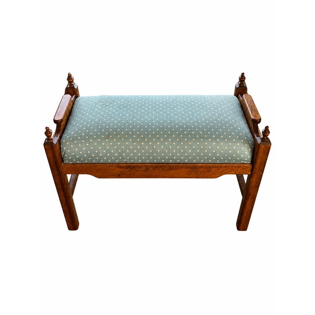 Antique Figured Wood Upholstered Bench With Turned Finials and Blue-Green Diamond Fabric For Sale - Image 4 of 10