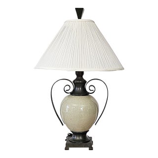 Ashley Gavivi Style Crackle-Glaze Ceramic Urn & Bronze Scroll Table Lamp For Sale