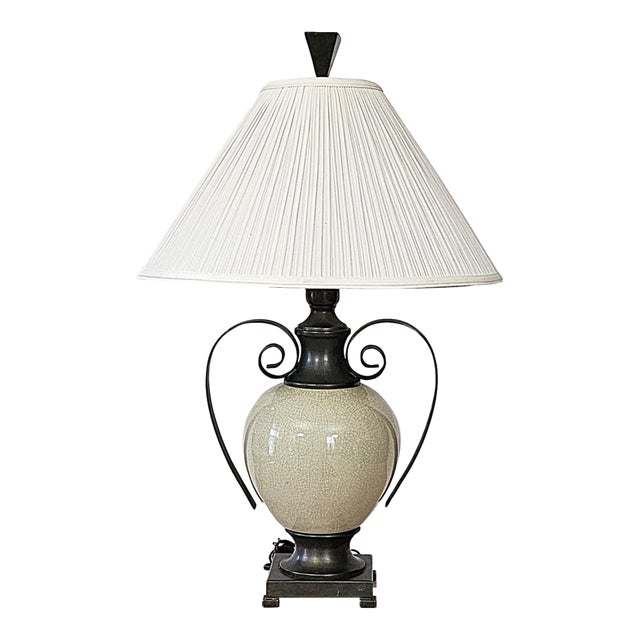 Ashley Gavivi Style Crackle-Glaze Ceramic Urn & Bronze Scroll Table Lamp For Sale