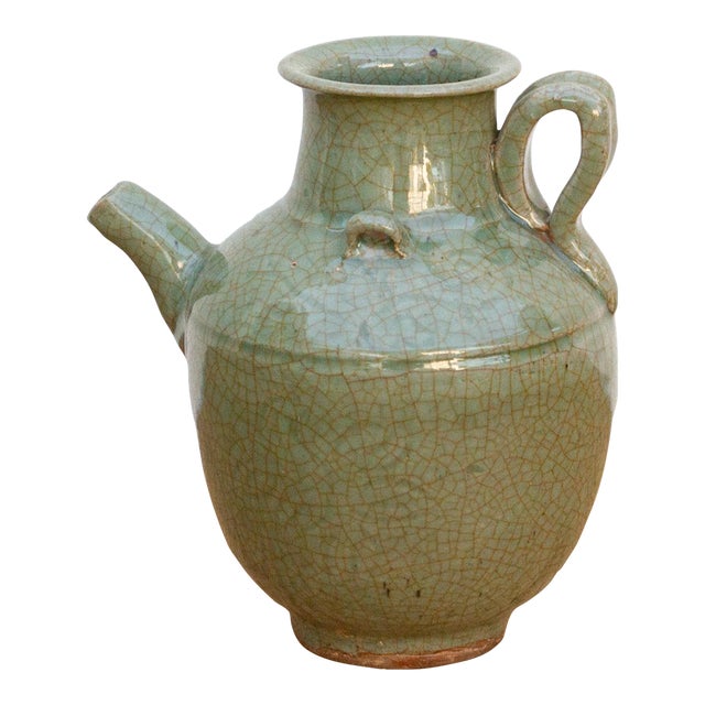 Vintage Crackle Green Pottery Jug For Sale
