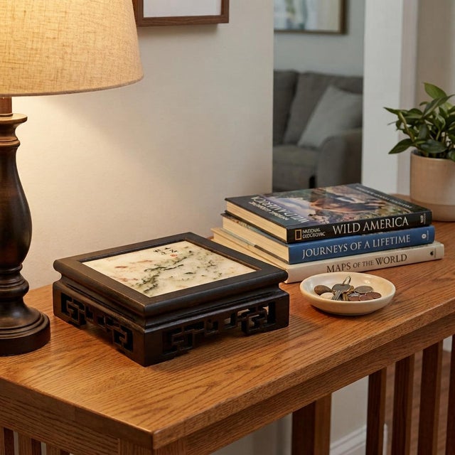Square Dream Stone Inlaid Dark Brown Openwork Frame Display Stand For Sale - Image 4 of 6