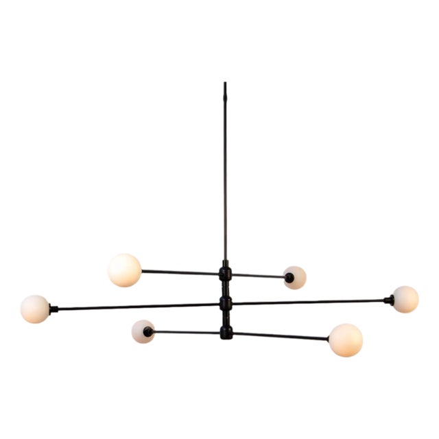 Three Tier Chandelier, Black, 69.5in H, 3 Inch Glass Globes, by Research.Lighting, Modern, Minimal Hanging Light For Sale