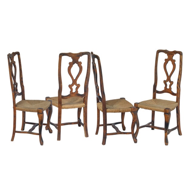 Set of 4, 19th Century Country French Provincial Aged Walnut Wood Dining Chairs with Rush Seats and Cabriolet legs/ feet....