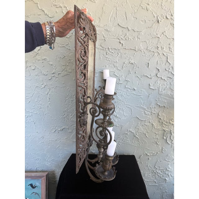 Antique Baroque Revival Metal Wall Mirror With Integrated Candleholders, Circa 1890–1910 For Sale - Image 11 of 12