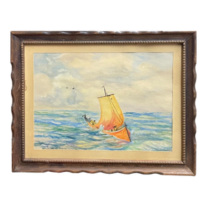 Watercolor Paining of a Boat Floating on the Ocean Signed by Artist