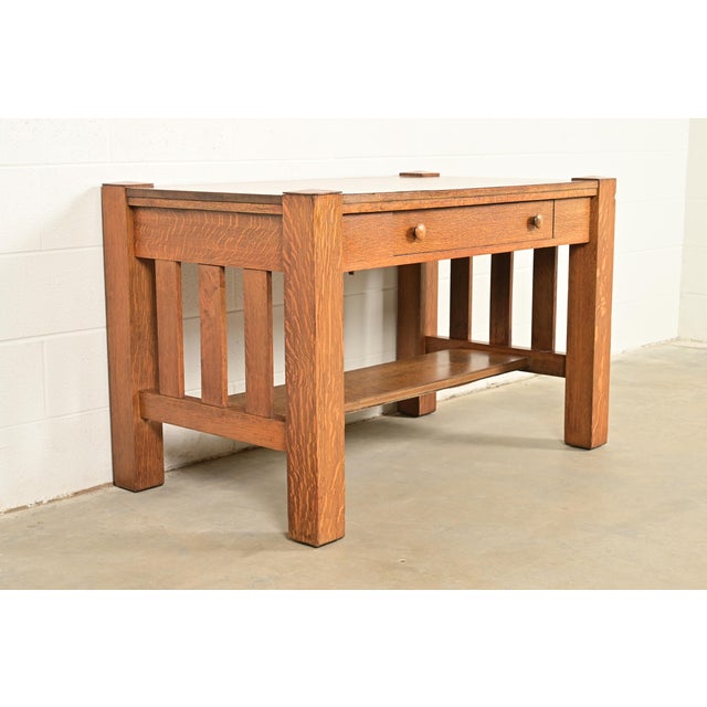 Stickley Brothers Style Antique Mission Oak Arts & Crafts Writing Desk or Library Table, Circa 1900 For Sale - Image 12 of 12