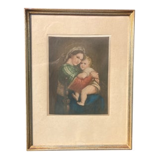 Late 19th C. Antique Silk Print of Madonna Della Seggiola by Raphael in Gold Gilded Wood Frame For Sale