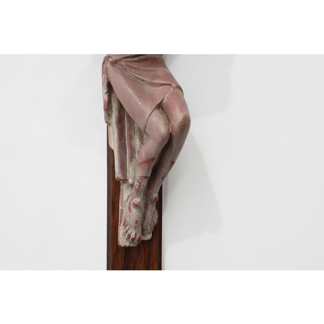 Belgian Wooden Crucifix with Painted Plaster Corpus and Metal Inri Plaque, 1920 For Sale - Image 6 of 10