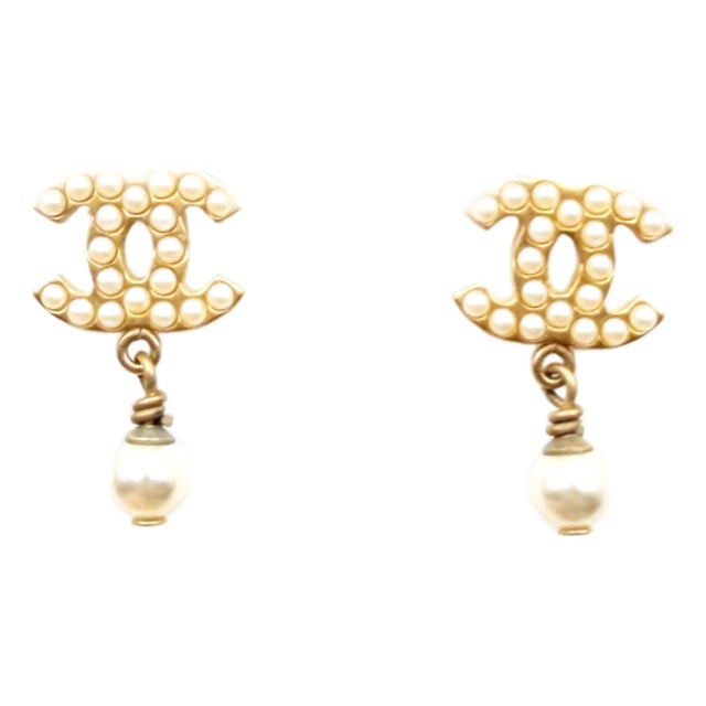 Chanel Vintage Gold Plated CC Pearl Pearl Dangle Small Piercing Earrings, A Pair For Sale