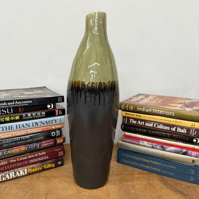 Late 20th Century Tall Olive & Charcoal Ceramic Vase with Amber Drip Glaze For Sale - Image 5 of 10