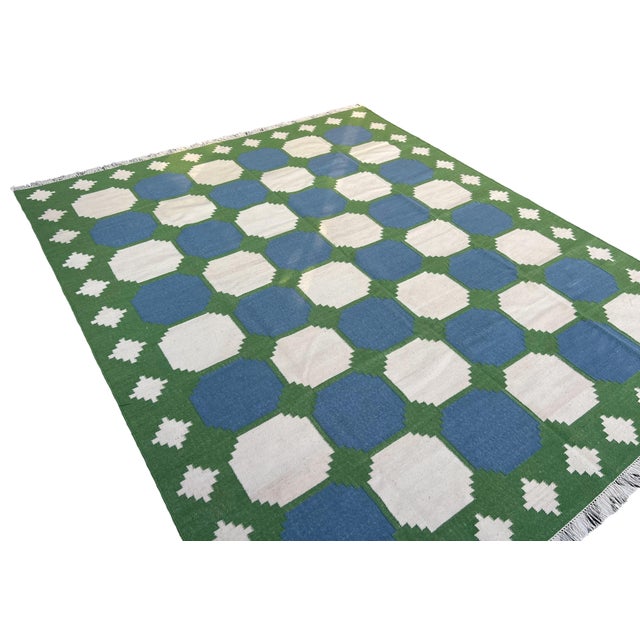Handmade Woolen Flat Weave Swedish Pattern Blue, Cream and Moss Green Area Tile Rug - 8'x10' For Sale - Image 6 of 13
