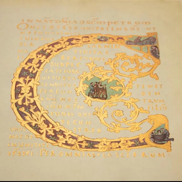 1940s 1949 Letter C From "The Second Bible of Charles the Bald", First Edition Gold Ink Lithograph For Sale - Image 5 of 9