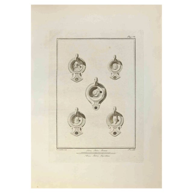 Nicola Fiorillo, Oil Lamp with Pan and Silvanus Roman, Etching, 18th Century For Sale
