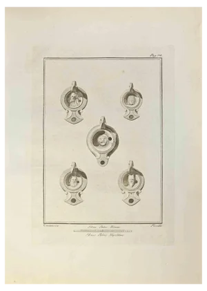 Nicola Fiorillo, Oil Lamp with Pan and Silvanus Roman, Etching, 18th Century