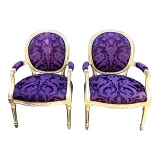 Pair of Nancy Corzine Giltwood Arm Chairs W Purple Scalamandre Dragon Damask For Sale